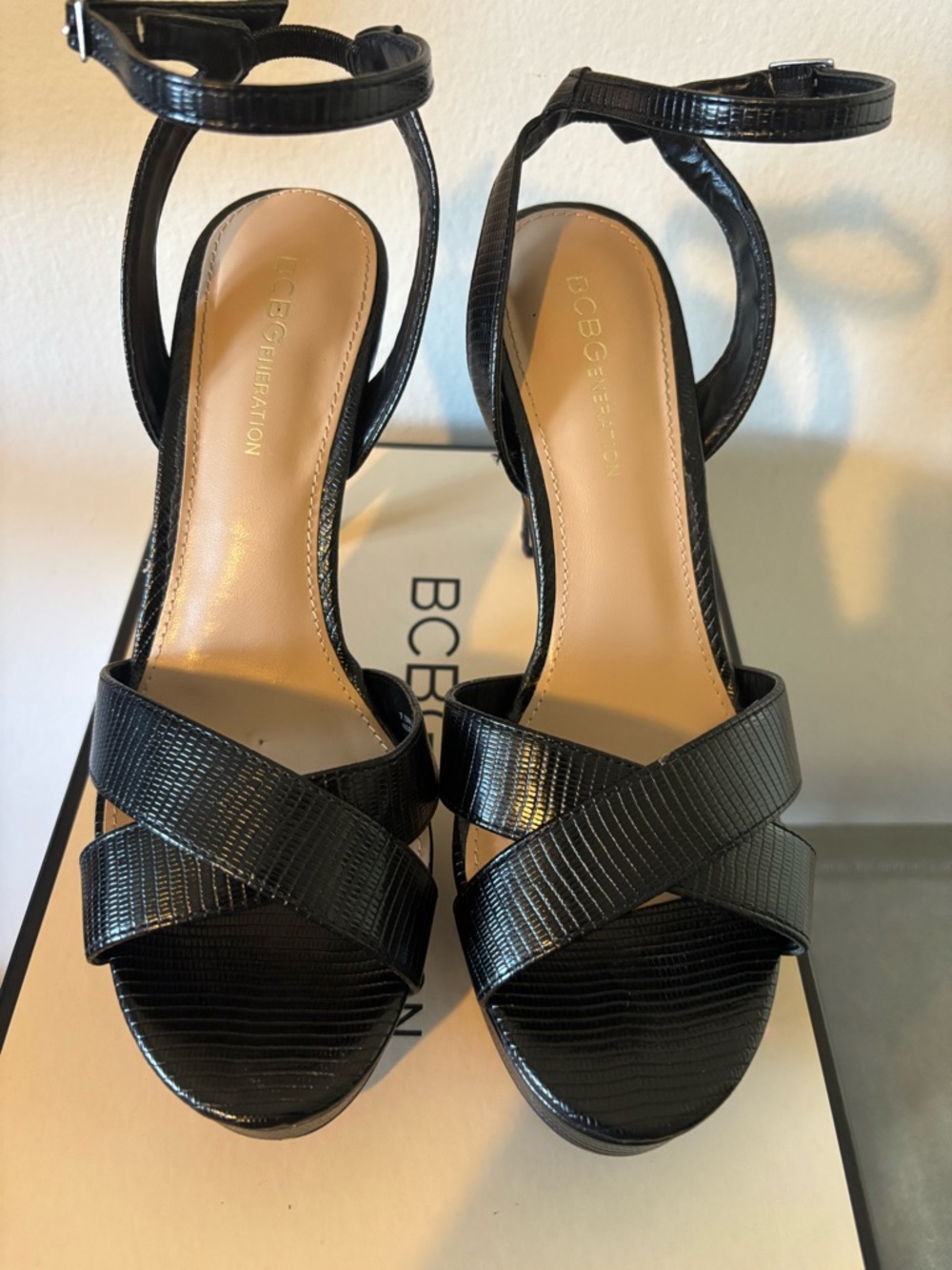 BCBGeneration Black Lizard-Texture Strappy Ankle Strap Heels